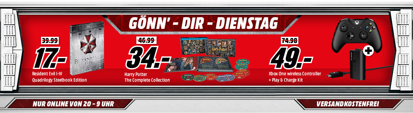 Gönn Dir Dienstag bei Media Markt - z.B. Microsoft Xbox One S Controller + Play &amp; Charge Kit für 49€