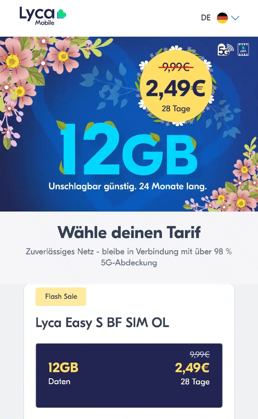 lyca Mobile / 12 GB für 2,49 Euro / 24 Verlängerungen