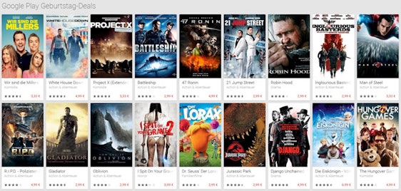 Google Play Geburtstag-Deals: 123 Filme ab je 3,33€ oder 0,99€ als Ausleihe