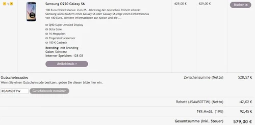 100€ Cashback auf Samsung Galaxy S6 oder S6 Edge - ab 14.09. *UPDATE2*