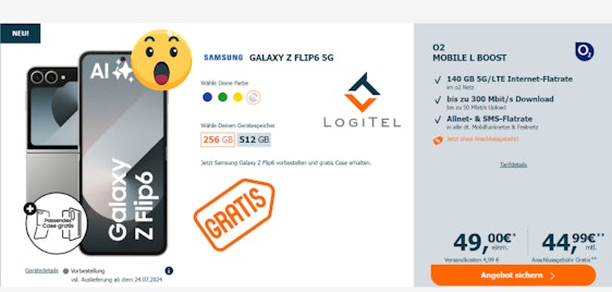 Jetzt vorbestellen & effektiv gratis sichern 🔥 Samsung Galaxy Z Flip6 5G für einmalig 49€ im 140GB o2-Tarif für 44,99€/Monat