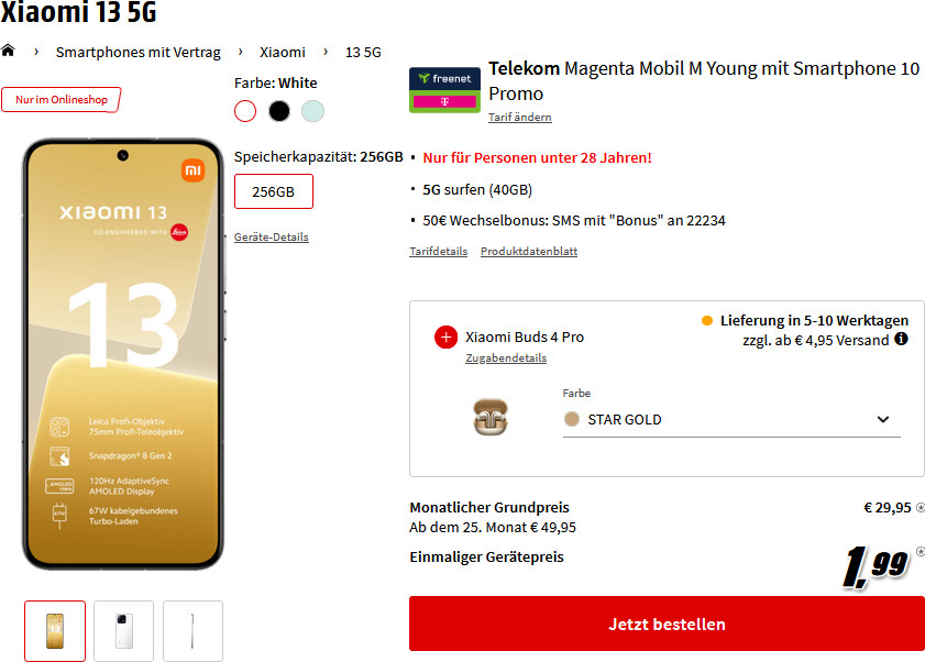 Xiaomi 13 (8+256 GB) inkl. TM Magenta Mobil M Young 5G für 32€/Monat – 40GB LTE, Allnet- &amp; SMS-Flat