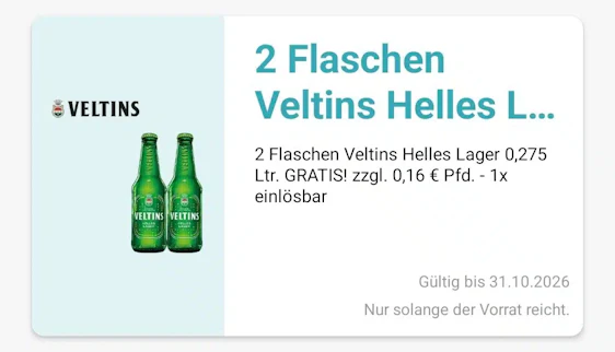 Gratis 2 Flaschen Veltins helles Lager in der Logo App