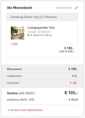 Loungegarnitur Tina für 105€ - Gartenmöbelset für 4 Personen