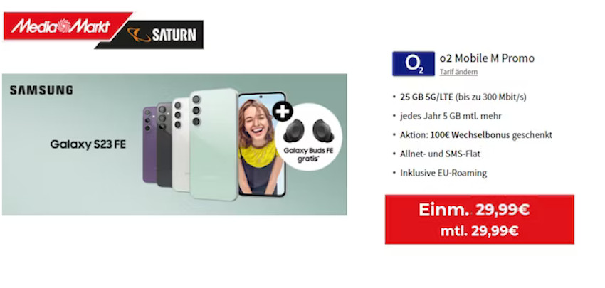 🤩 Samsung Galaxy S23 FE + gratis Galaxy Buds FE - mit 25GB 5G/LTE Allnet-Flat von o2 für 29,99€ mtl.