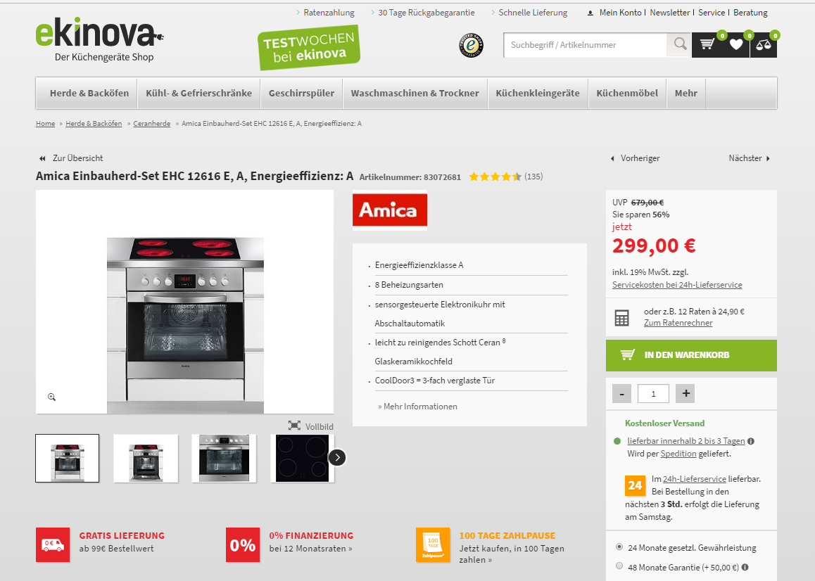 Amica Einbauherd-Set EHC 12616 E, A, Energieeffizienz: A für 299,- € + kostenlose Lieferung