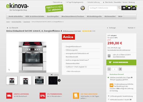 Amica Einbauherd-Set EHC 12616 E, A, Energieeffizienz: A für 299,- € + kostenlose Lieferung