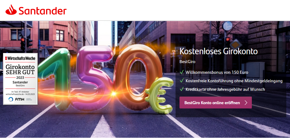 Prämie verdoppelt! 💰 Santander BestGiro mit 150€ Willkommensbonus » Kostenloses Girokonto inkl. Visa Debitkarte