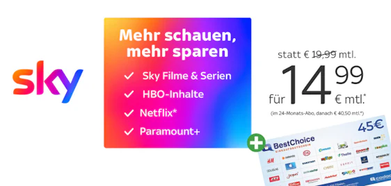 LETZTE CHANCE auf 45€ BONUS ⏰ Sky Kombi-Abo mit Netflix, HBO & Paramount+ für 14,99€ 📺✨ inkl. Freitagsspiele der Bundesliga
