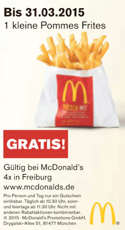 Freiburg: Kostenlose Pommes bei McDonalds (1x pro Tag & pro Person)