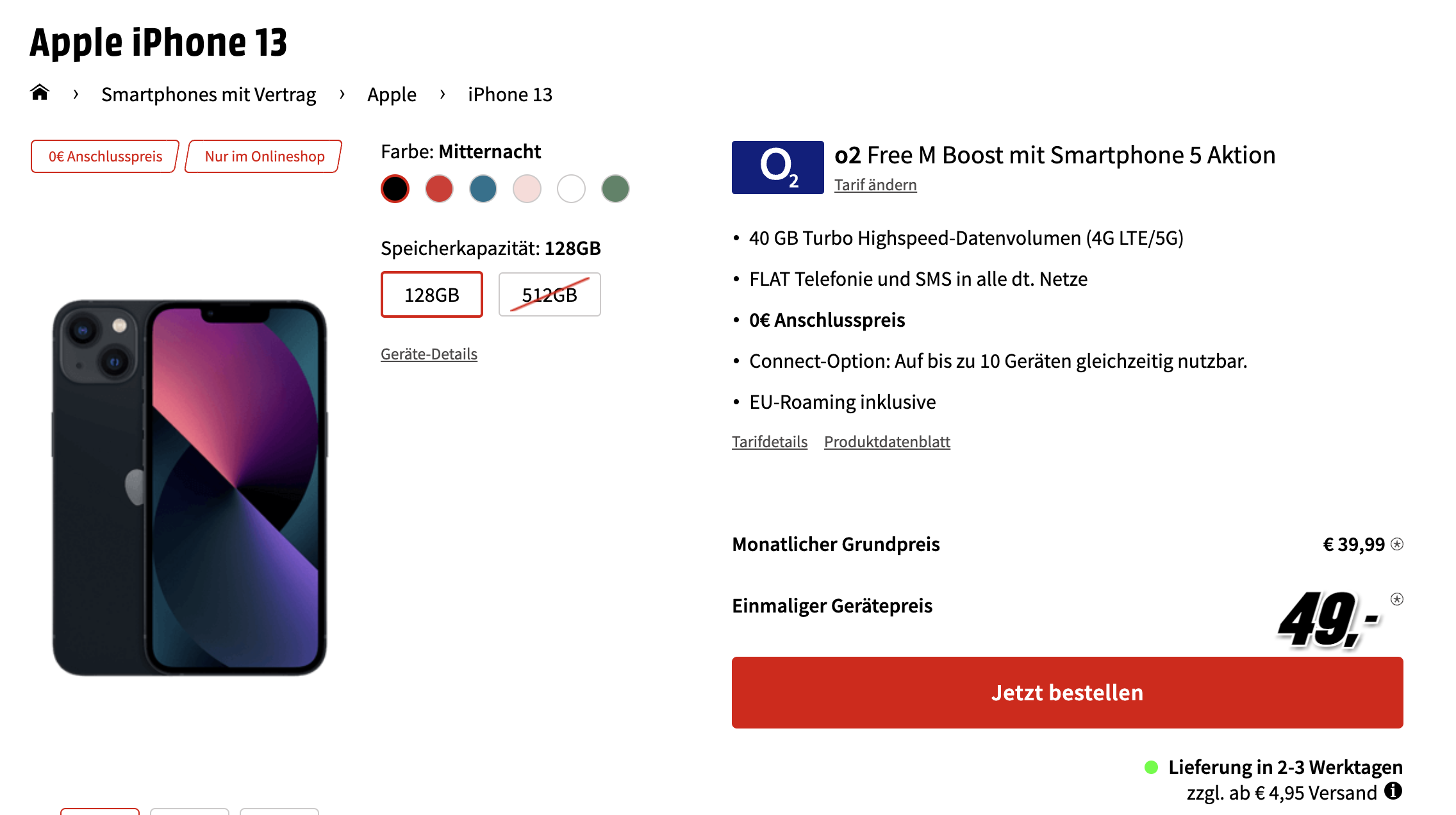 Apple iPhone 13 im o2 Free M Boost für 42€/Monat - 40GB LTE/5G, Allnet- &amp; SMS-Flat, EU-Roaming