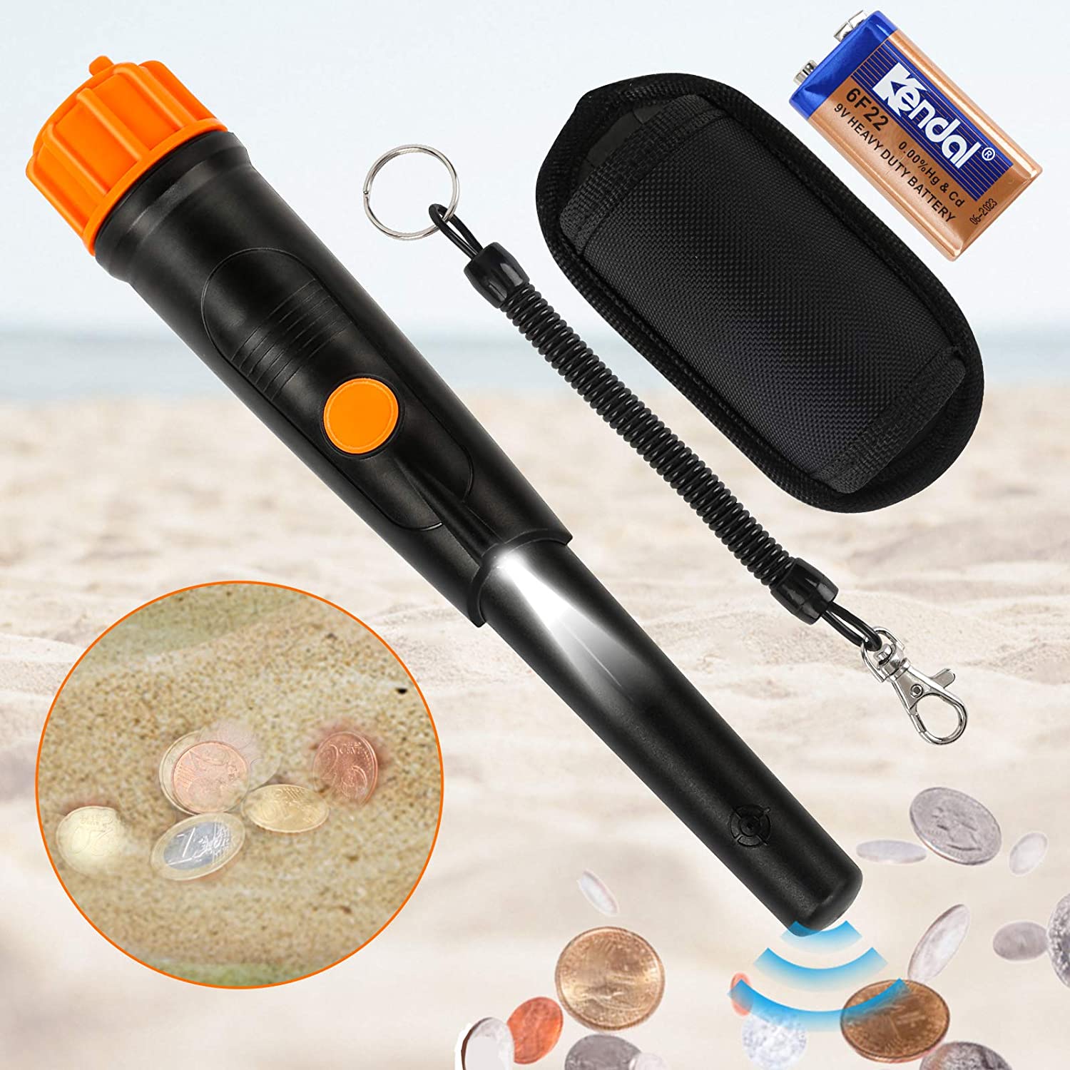 Tragbar Metall Pinpointer IP68 Wasserdichter mit hoher Empfindlichkeit,360°Scan,mit LED-Taschenlampe,Holster