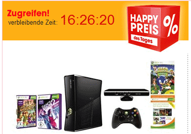 Xbox 360 Slim 4GB + Kinect + Dance Central 2 + Sega Superstar Tennis + 1 Monat Xbox Live Gold + 400 Live Pooints + 5 Arcade Games für 180€
