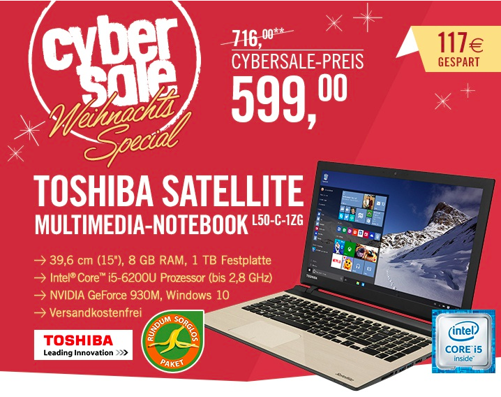 Toshiba Satellite L50-C-1ZG gold - 15.6" Notebook mit i5 Prozessor, 8GB RAM und 1TB HDD für 599€
