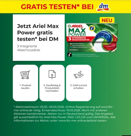 Ariel MaxPower nur bei dm gratis – ab 05.02.2026 Kaufen und Geld zurückerhalten!