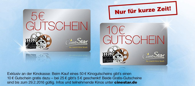 Cinestar: 5€-Gutschein gratis beim Kauf eines 25€ Gutscheins