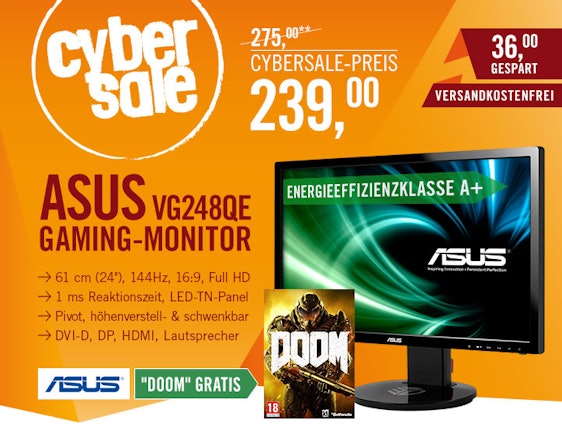 ASUS VG248QE (24 Zoll) 16:9 Gaming Monitor mit 1ms und 144Hz inkl. Doom für 239€