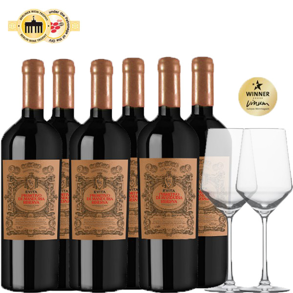 Letzte Chance! 50% Rabatt! 6er-Paket Evita Primitivo di Manduria RISERVA + 2 Weingläser Gratis für 44€