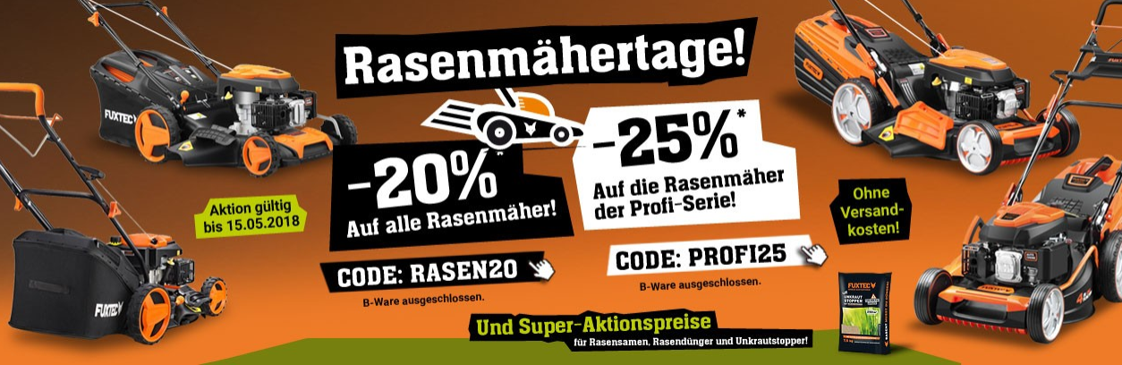 Rasenmähertage bei Fuxtec - 20% Rabatt auf alle Rasenmäher und 25% Rabatt auf die Profi-Serie