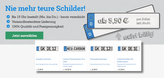 Günstiger anmelden! 🚗 Kfz-Kennzeichen schon ab 6€ frei Haus