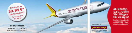 Germanwings-Flüge inkl. Snack und Gepäck für 39,99€ über REWE