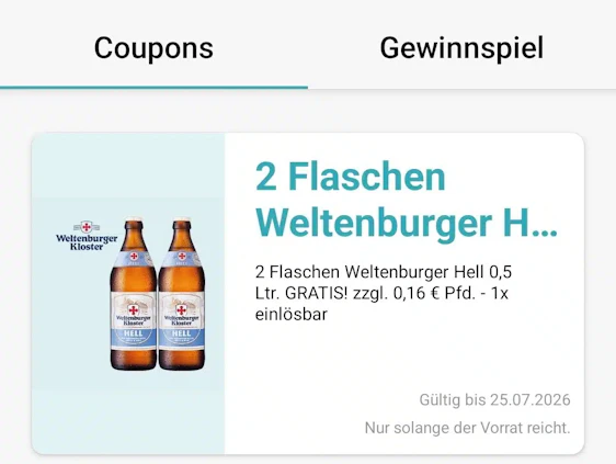 Gratis 2 Flaschen Weltenburger hell in der Logo App