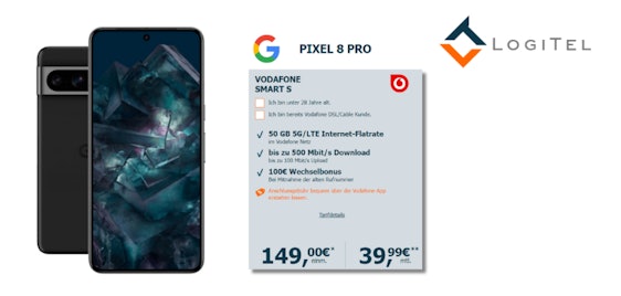 100€ Wechselbonus sichern 😏 Google Pixel 8 Pro für einmalig 149€ - mit 50 GB Vodafone-Tarif für 39,99€ mtl.