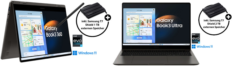 Galaxy Book3 360 | Pro | Pro 360° | Ultra bei MediaMarkt/Saturn ab 1.299€ – mit Samsung Portable SSD T7 Shield (1-2 TB) als Gratis-Zugabe