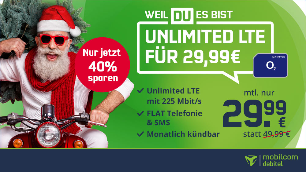 Nur heute 😱 - Nikolaus-Aktion! o2 Free Unlimited Max (monatlich kündbar) für 30€/Monat - unbegrenzt LTE Max, Allnet- und SMS-Flat, EU-Roaming