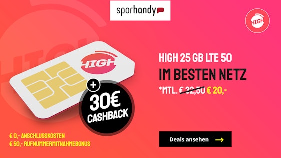 High 25 LTE 50 Telekom-Tarif + 30€ Cashback für 20€/Monat – 25 GB Highspeed-LTE, Allnet- und SMS-Flat, EU-Roaming