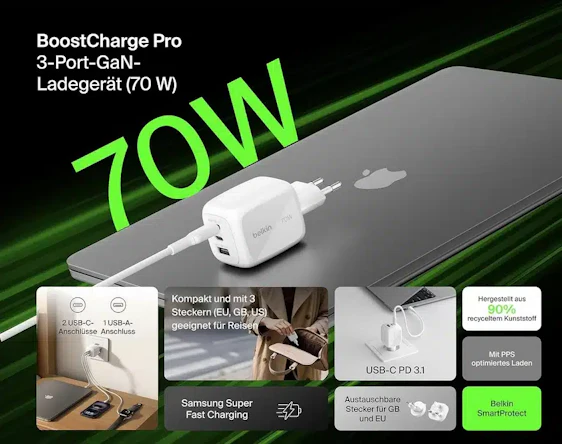 Belkin 3-Port USB-C GaN-Ladegerät (70W) inkl. Reiseadapter-Set (USA/GB/EU) für 24,99€ statt 30,94€