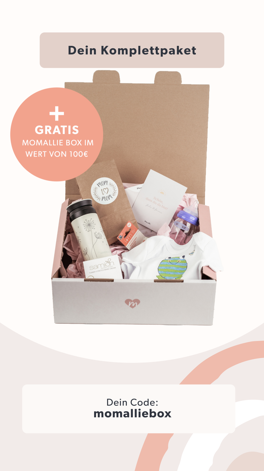 Gratis Box mit Babyprodukten zum Momallie Komplettpaket 