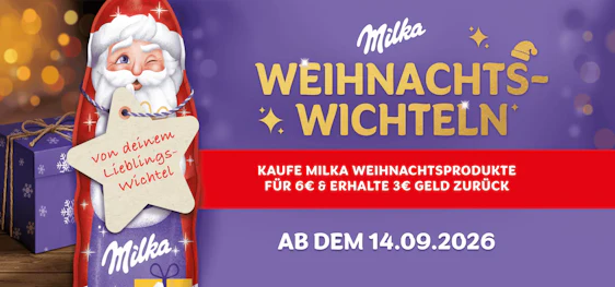 Milka Weihnachtswichteln: 3€ Geld zurück ab 6€ Einkaufswert (bis zu 3x pro Haushalt) - ab 14.09.2026