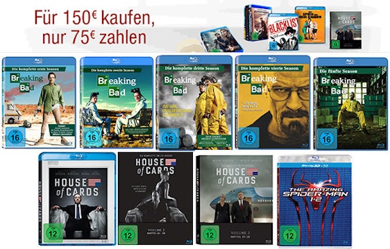 Blu-ray & DVD Aktion bei Amazon - Für 150€ kaufen, nur 75€ zahlen