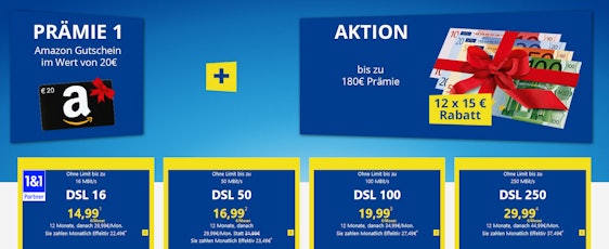 1&1 DSL Tarife ab 24€ im Monat mit 20€ Amazon-Gutschein - Telefon- und Internet-Flat mit bis zu 250 MBit/s