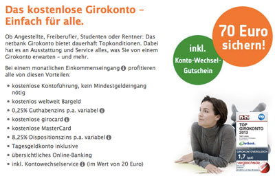 70€ Prämie bei Eröffnung eines Netbank-Kontos ohne Mindestgeldeingang