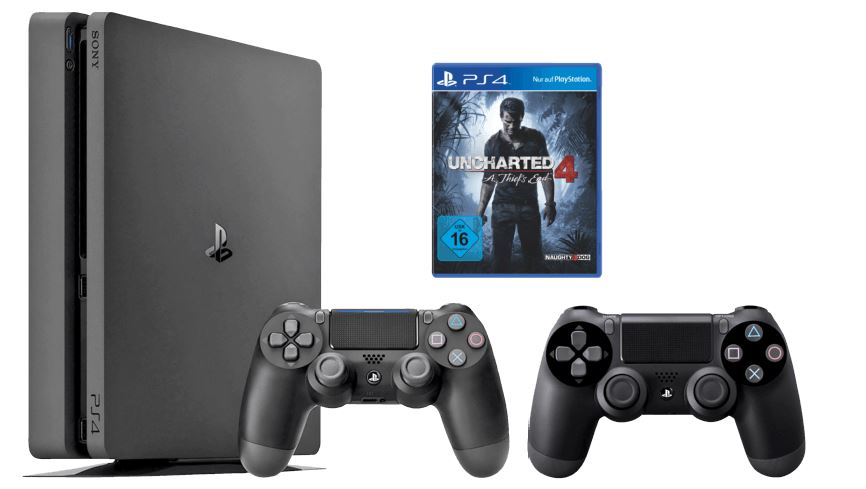 Sony PlayStation 4 (PS4) Slim 1TB + Uncharted 4: A Thief's End + 2 Controller für 299€