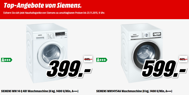 Siemens Waschmaschinen und Trockner günstig bei Media Markt: z.B. Siemens Waschmaschine WM14Q4B1 für 399€