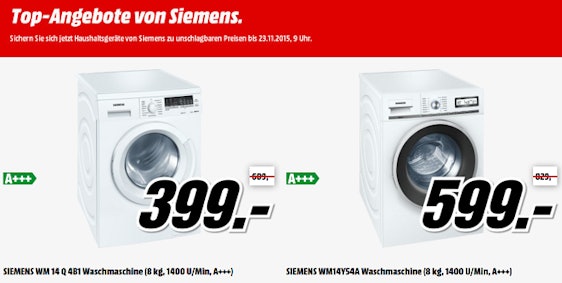 Siemens Waschmaschinen und Trockner günstig bei Media Markt: z.B. Siemens Waschmaschine WM14Q4B1 für 399€