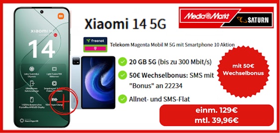 259€ Ersparnis! 🔥 Vorbesteller-Aktion: Xiaomi 14 vorbestellen & Xiaomi Pad 6 sichern - z.B.: Xiaomi 14 5G für 129€ + 20 GB Telekom für 39,96€ mtl.