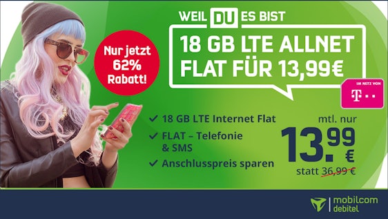 Nur noch heute! 🤩 Telekom Green LTE 18GB für 13,99€/Monat - 18GB LTE, Allnet- und SMS-Flat, EU-Roaming 📱