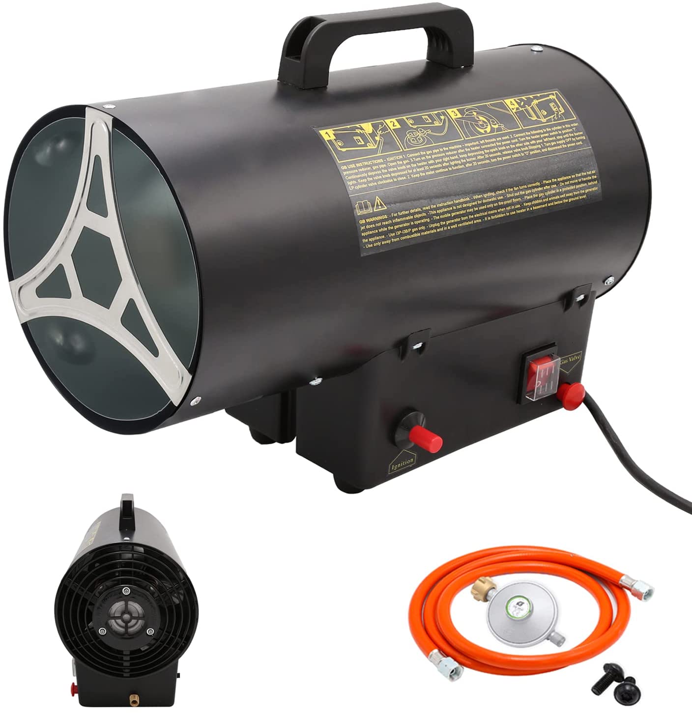 EINFEBEN 15KW Edelstahl Heizkanone Gasheizer mit 1,2m Gasschlauch und 700 mbar Druckminderventil, 220V Piezozündung