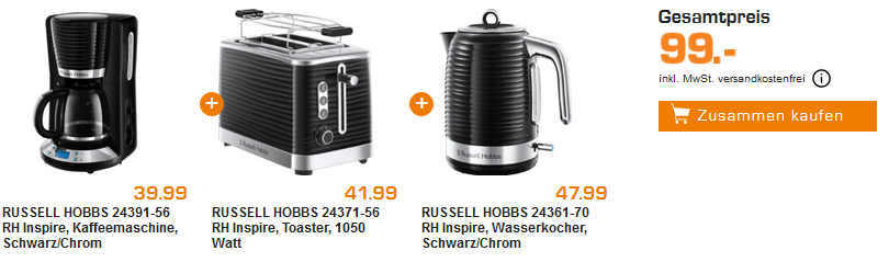 Russel Hobbs Inspire Frühstücks-Set für 99€  mit Kaffeemaschine, Wasserkocher und Toaster