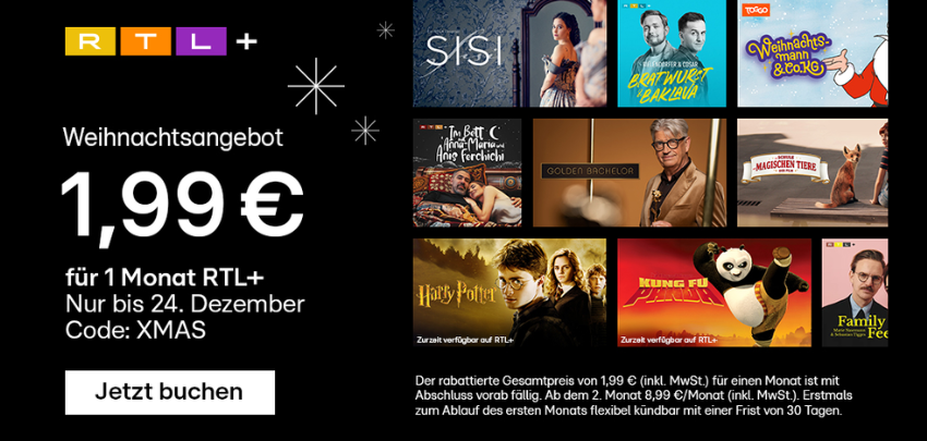 Endet heute ⏰ GÜNSTIG WIE NIE 🎄📺 RTL+ Premium: 1 Monat für 1,99€ sichern!