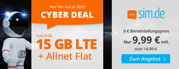 Bis 11 Uhr! Sim.de Cyber Deal für 9,99€ im Monat: 15GB LTE, Allnet- &amp; SMS-Flat im o2-Netz