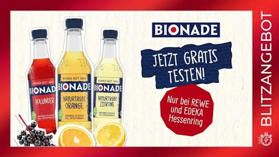 BIONADE 0,4 l-PET-Flasche gratis testen nur bei REWE (deutschlandweit) und EDEKA Hessenring* (Landkarte EDEKA Hessenring)