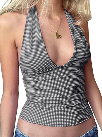 EMMIOL Neckholder Top Damen Sexy Tiefes V Festival Outfit Oberteil