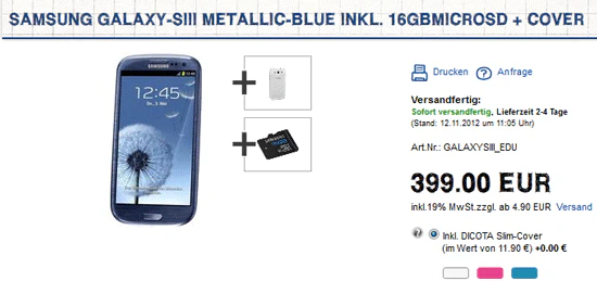 Für Schüler, Studenten, Azubis: Samsung Galaxy S3 16GB für 404€ - Smartphone mit 16GB Speicherkarte und Smartcover