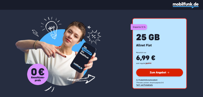 Monatlich kündbar &amp; 0€ Anschlusspreis 🙌 Mobilfunk.de Allnet-Flats - 25GB o2 für 6,99€ mtl.