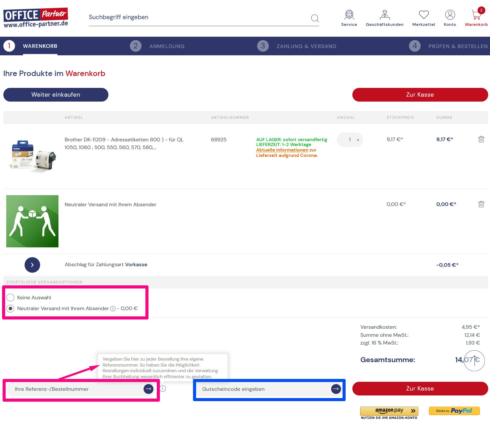 Office Partner Gutschein und Absender